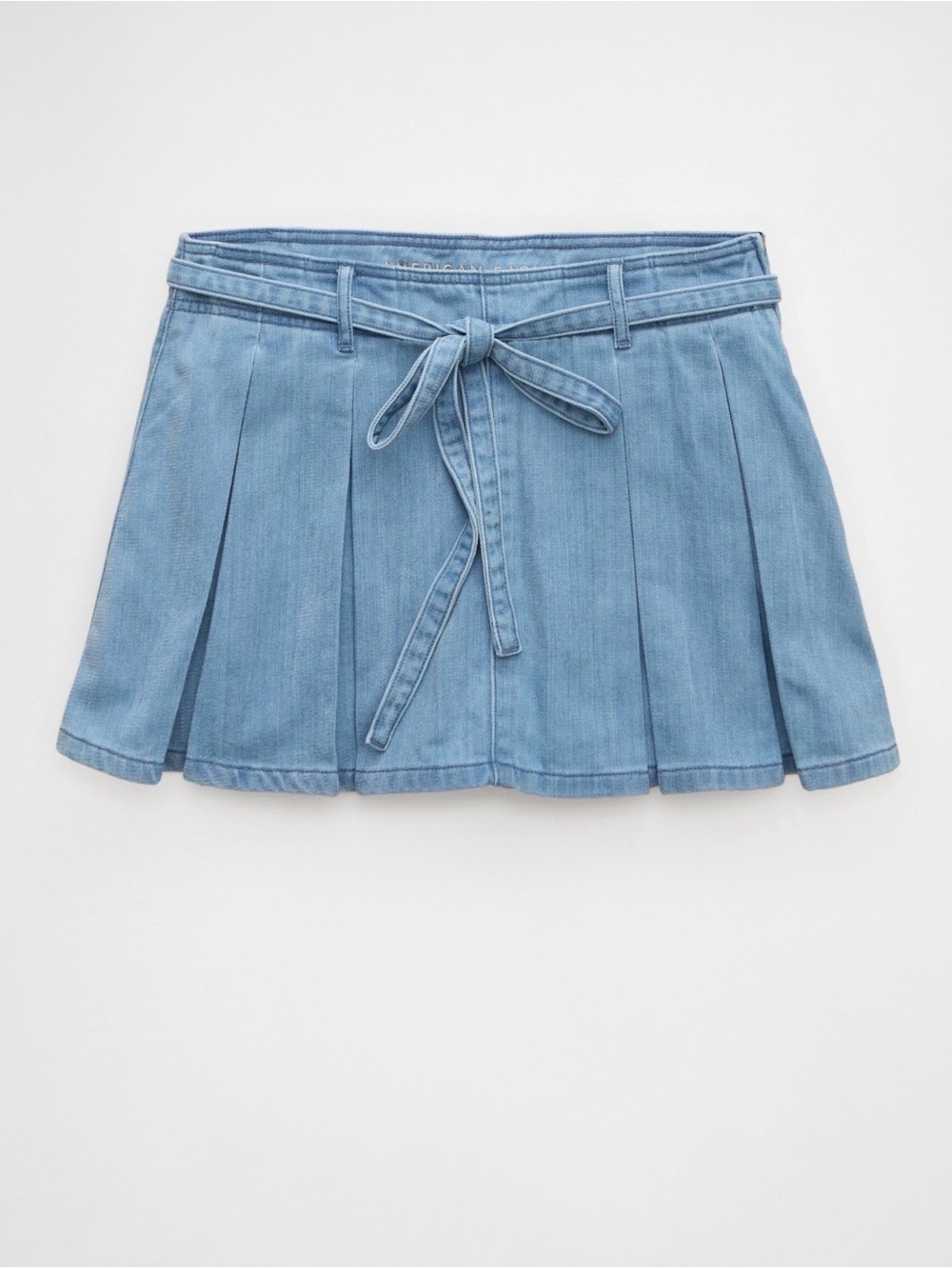 American Eagle Outfitters Light Blue Denim Pleated Mini Skirt with Tie